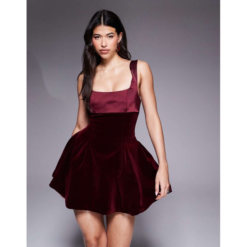 Murci satin contrast square neck bow tie back velvet mini dress