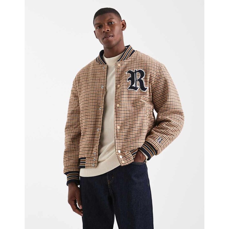 Redefined Rebel boxy varsity jacket in brown check