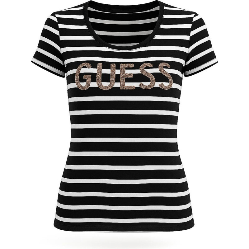 GUESS tričko Kella Logo Striped Tee černé VELIKOST S