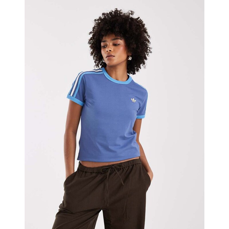adidas Originals 3 stripes slim tee in blue and white 115504553