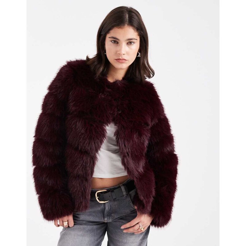 New Look pelted fur jacket in burgundy-Red