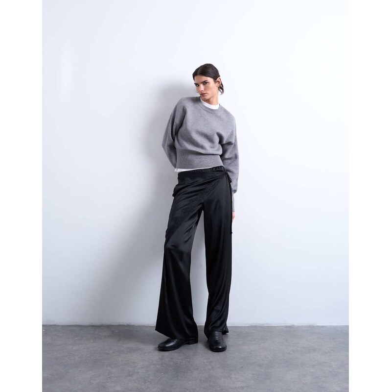 Topshop satin wrap around with lace wide leg trouser in black
