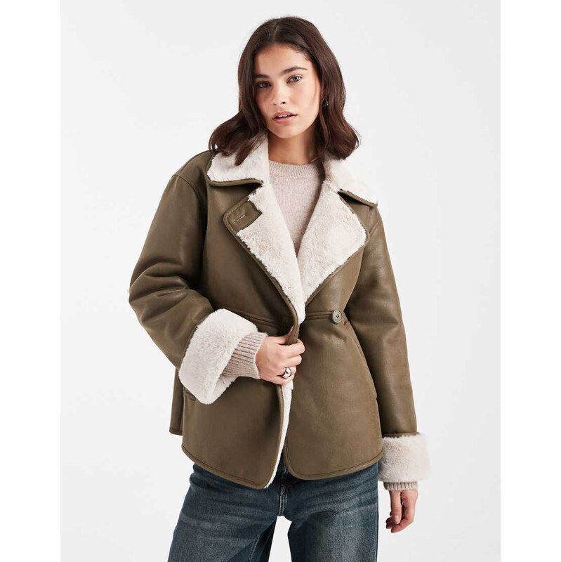 New Look contrast trim bonded jacket in khaki-Green 111155726