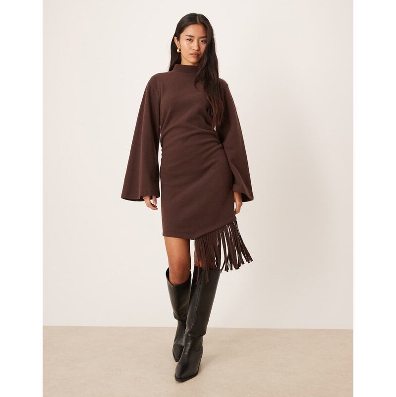 ASOS DESIGN supersoft high neck fringe mini dress in chocolate-Brown