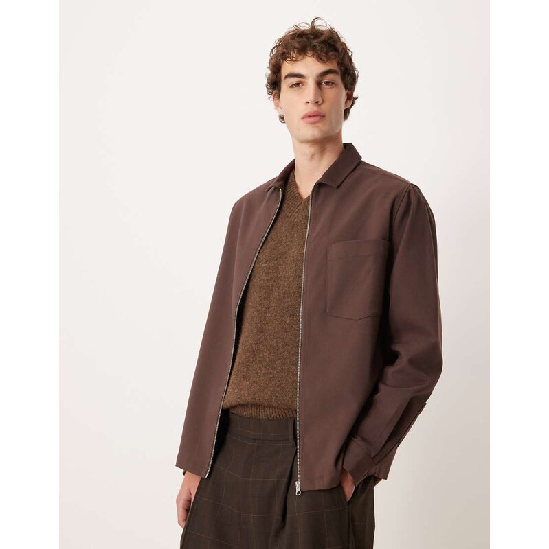 ASOS DESIGN relaxed zip through shirt in brown