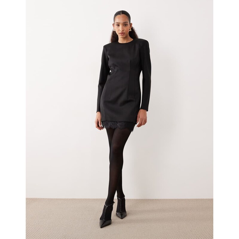 Mango long sleeve mini dress with lace hem in black