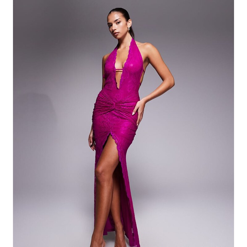 Murci exclusive lace halterneck deep plunge front split maxi