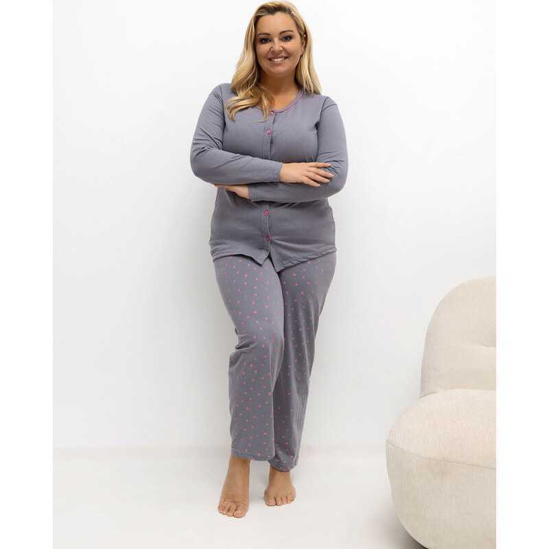 FOREVER PINK Tmavě šedé dámské dlouhé plus size pyžamo s puntíkovanými 110525943