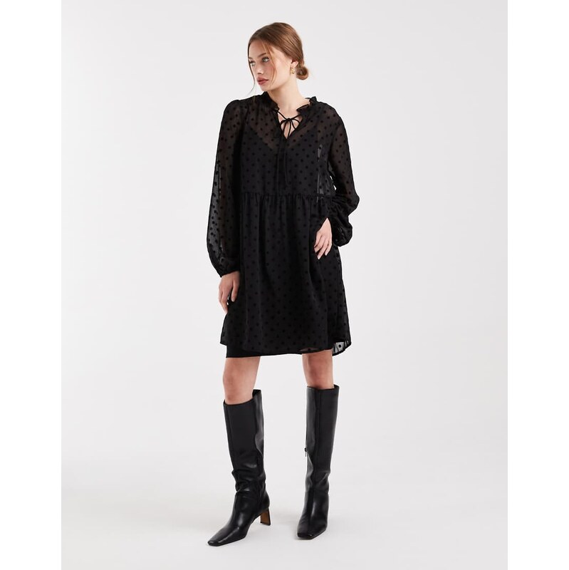 Pieces sheer dobby mini dress in black