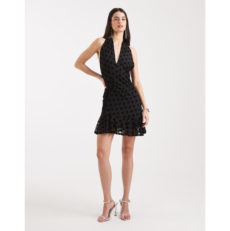 COLLUSION polka dot flocked cross halter flippy mini dress-Black 110535149