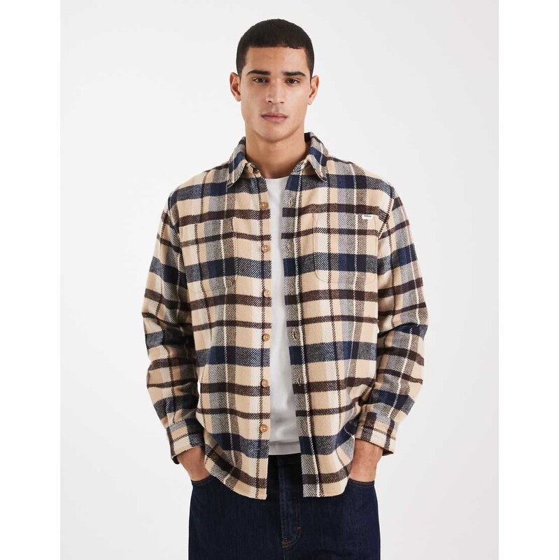 Parlez long sleeve logo shirt in blue and beige check-Multi