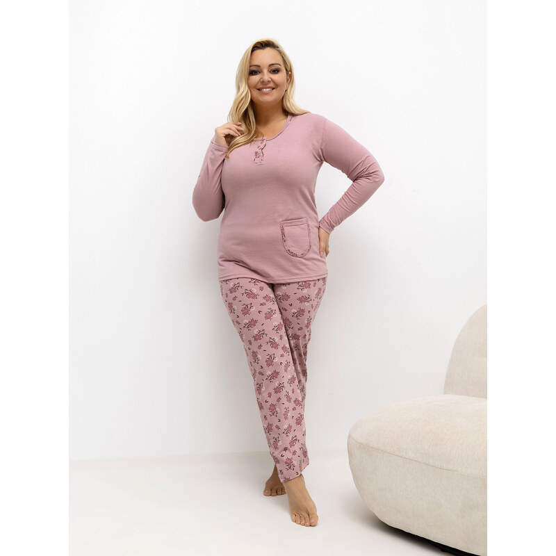 FOREVER PINK Růžové dámské dlouhé plus size pyžamo s květinovými 110557933