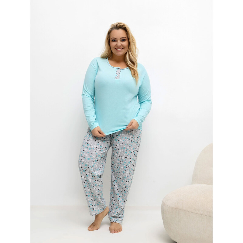 FOREVER PINK Mintovo-šedé dámské dlouhé plus size pyžamo se 110557932