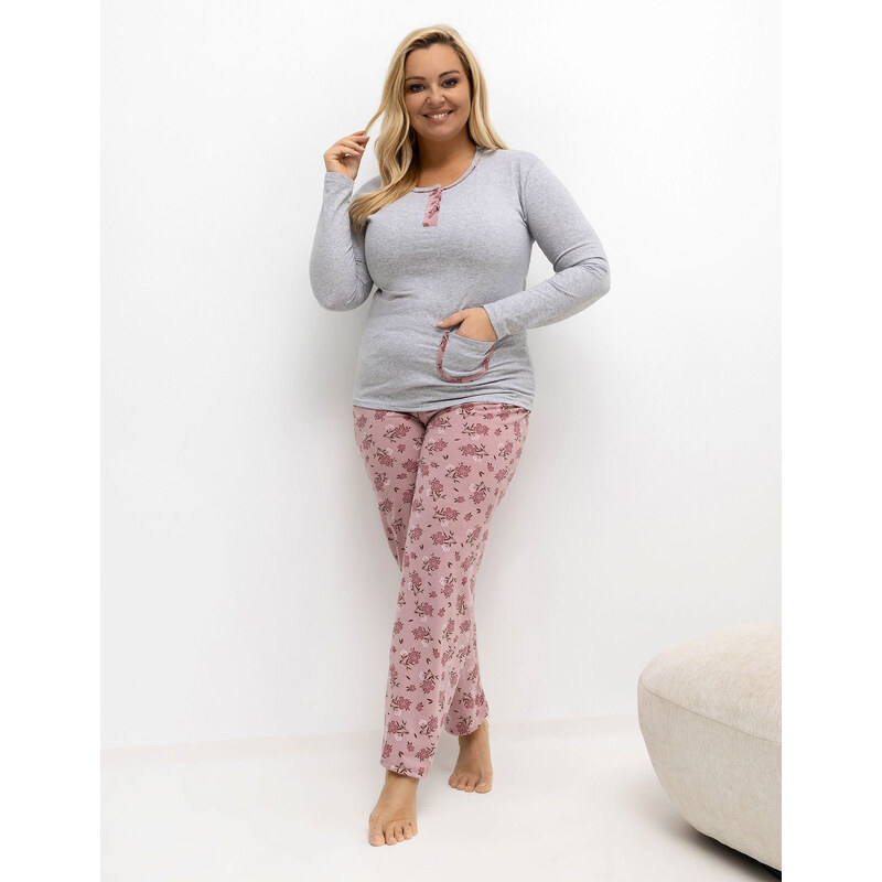FOREVER PINK Šedo-růžové dámské dlouhé plus size pyžamo s květinovými 110557934
