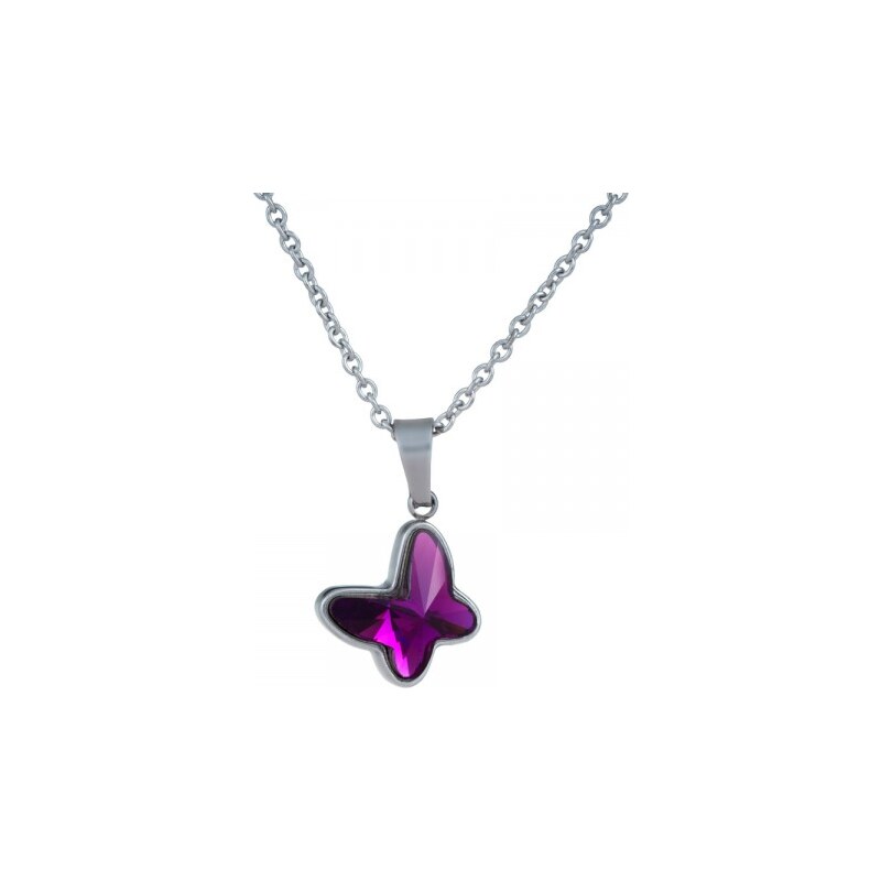 Meucci Ocelový náhrdelník s fialovým kamínkem ve tvaru motýla