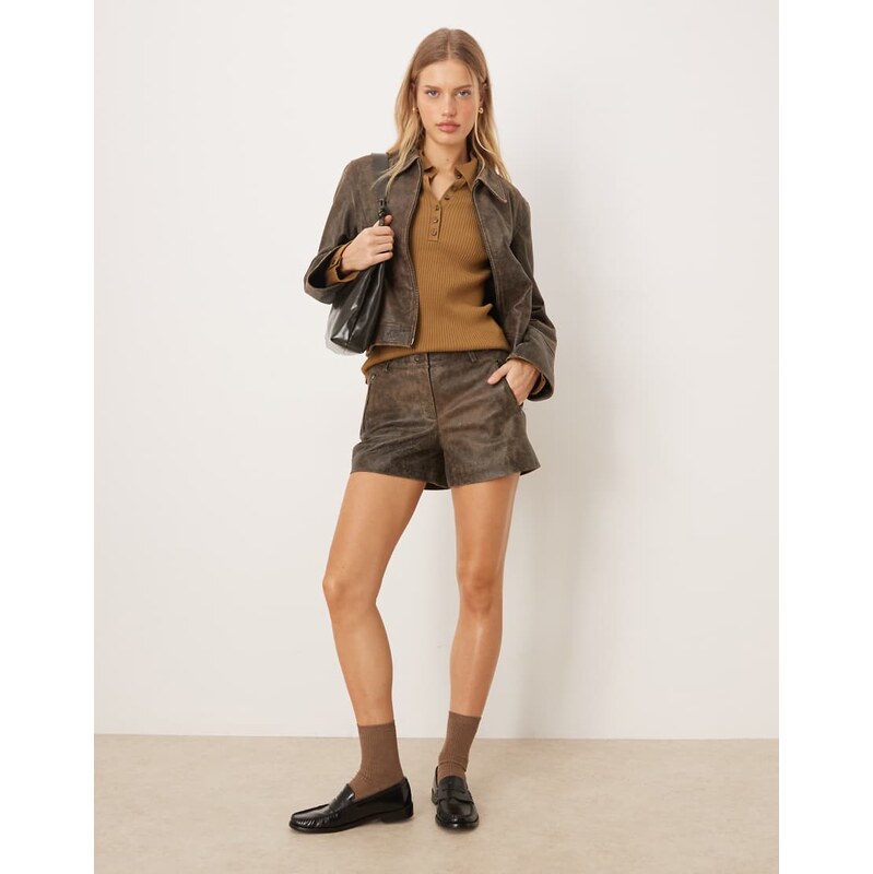 JJXX co ord leather micro shorts in washed brown 110556053