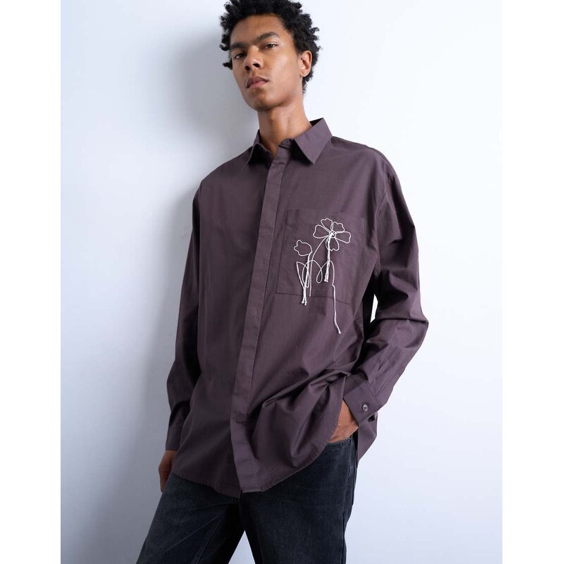 Topman oversized fit poplin shirt with floral embroidery in