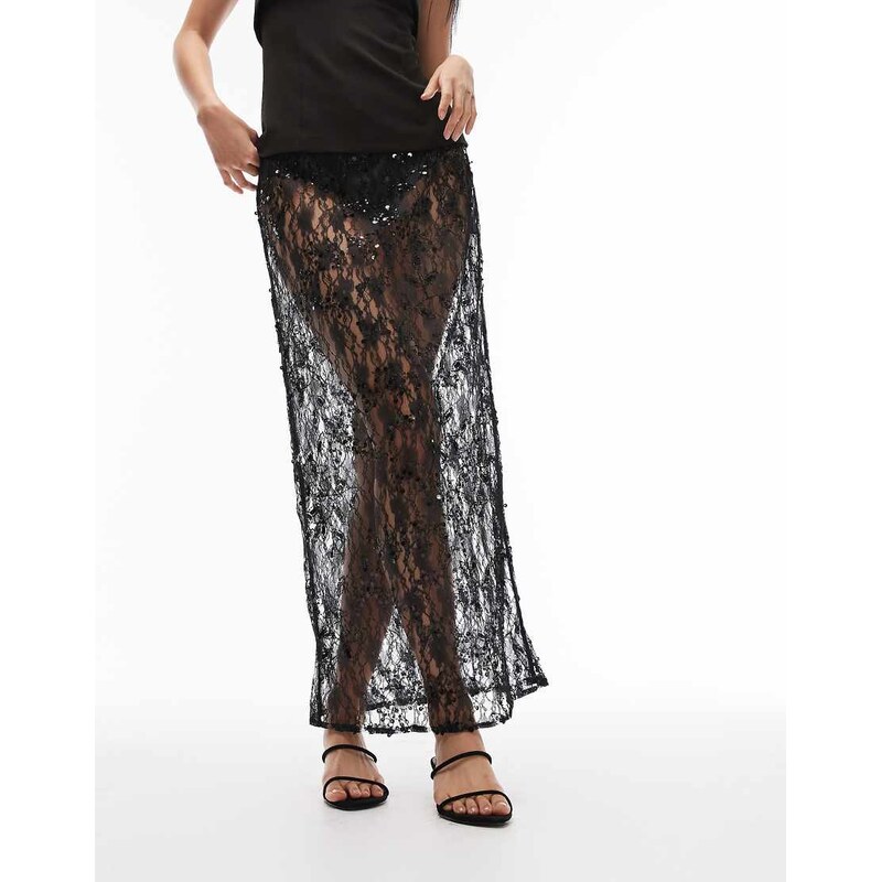 ASOS DESIGN delicate lace scatter sequin maxi skirt in black