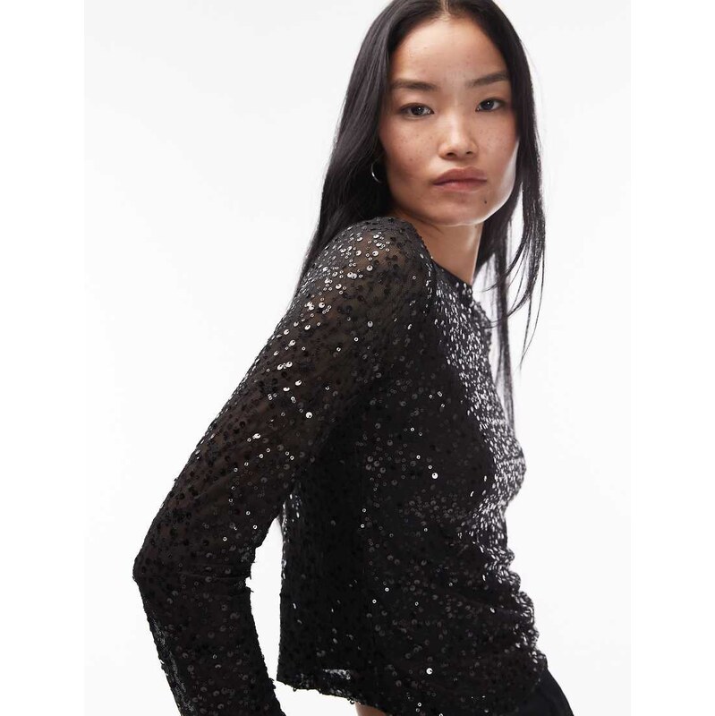 ASOS DESIGN wiggle sequin sheer mesh long sleeve top in black 110556061