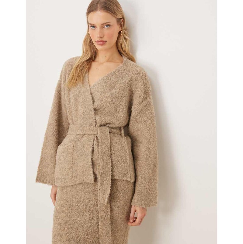 YAS premium textured wrap front knitted cardigan co-ord in taupe