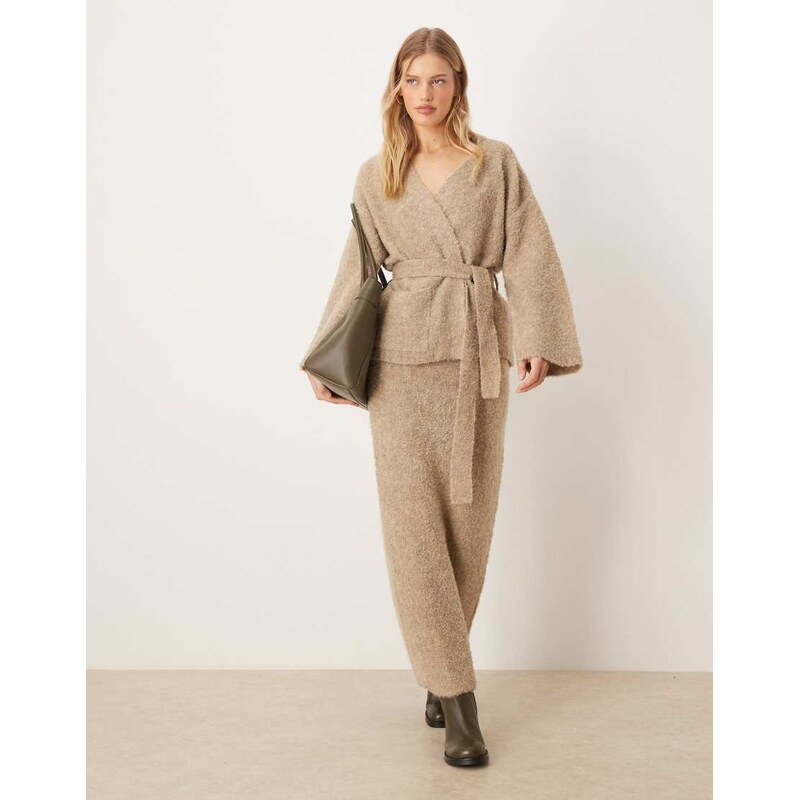 YAS premium textured knitted maxi skirt co-ord in taupe melange