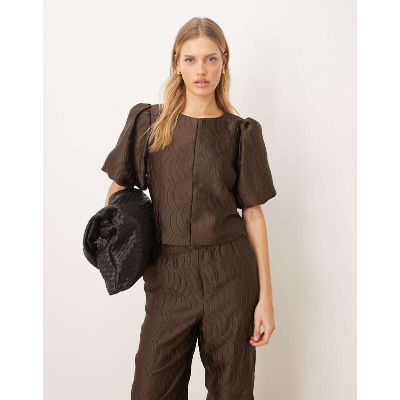 YAS premium textured puff sleeve top co-ord in chocolate brown 110556336