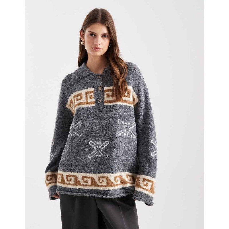 Object jacquard print oversized knitted polo in medium grey melange 114804221