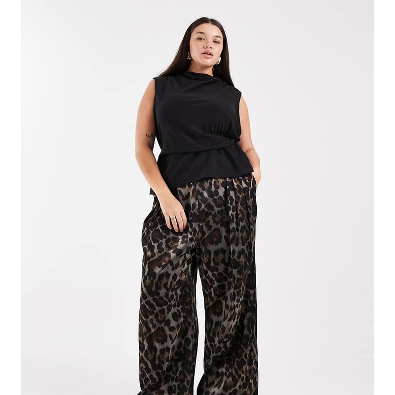 New Look Plus New Look Curve animal print wide leg trousers in