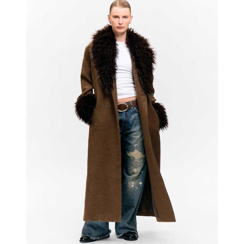 Monki wool blend belted maxi coat with fur collar and cuffs detail in 110556404