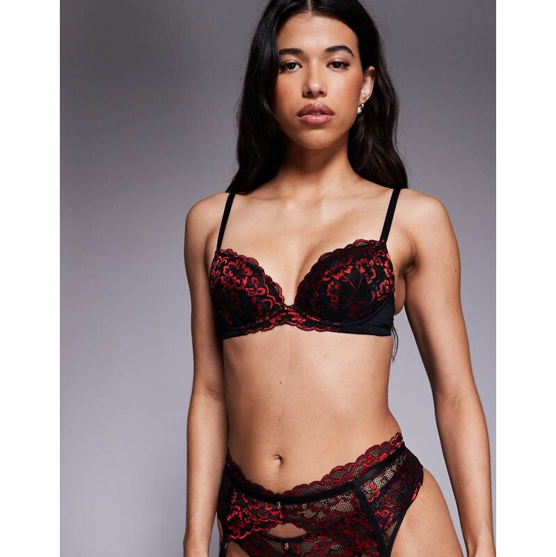 Ann Summers Sexy Lace padded plunge bra in black and red-Multi