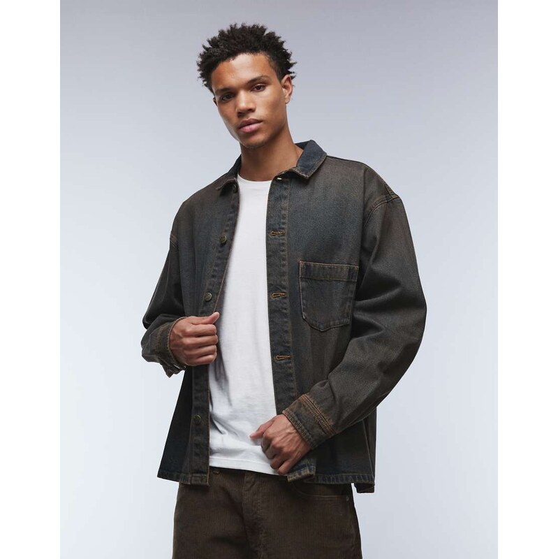 ASOS DESIGN co-ord denim shirt in dark wash blue with brown wash