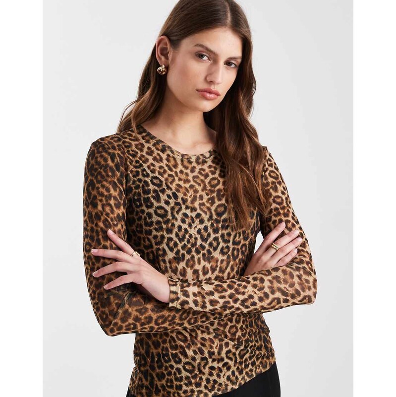 Vero Moda sheer long sleeve mesh top in leopard print-Neutral