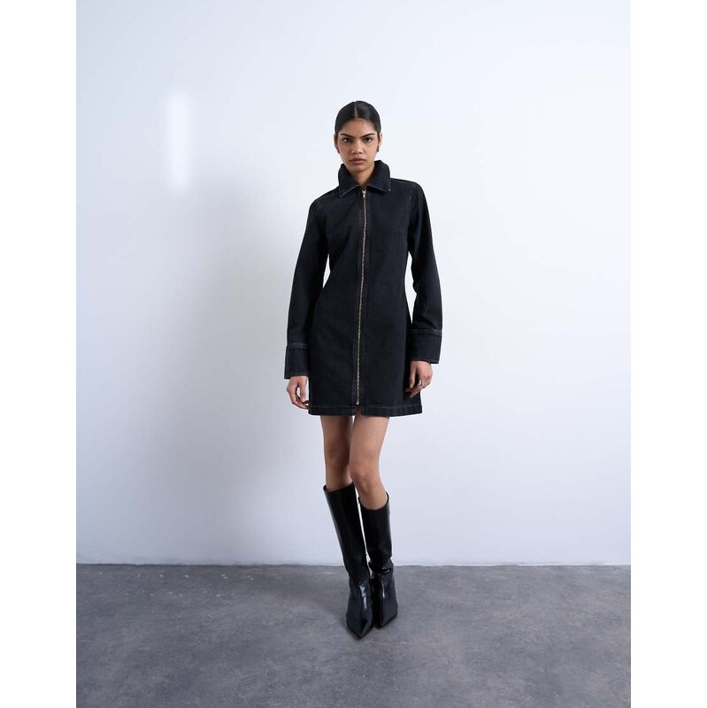 Topshop denim zip through long sleeve mini dress in washed black