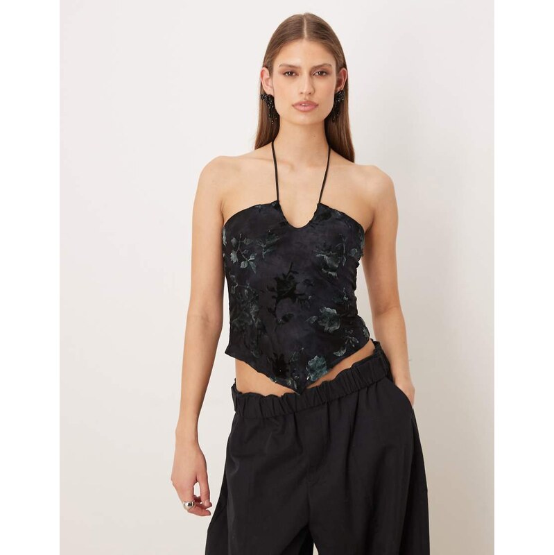 Motel Daiki halter velvet leaf top in dark blue 110556439