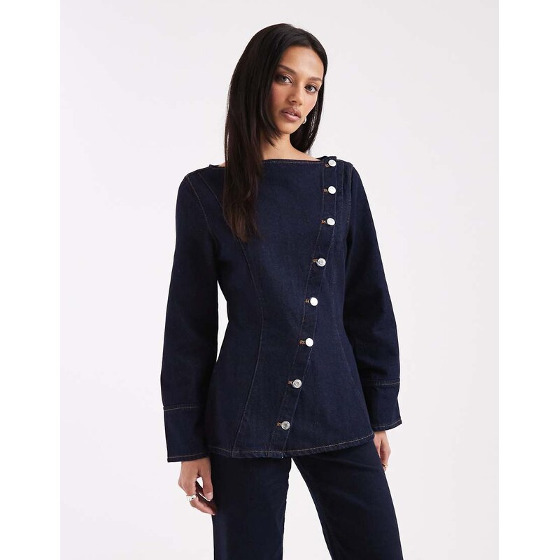 ASOS DESIGN asym placket denim shirt in indigo blue-Black