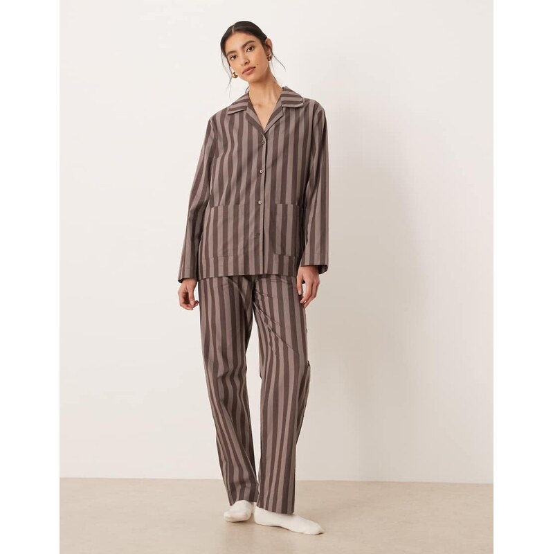 Mango pyjama trouser co-ord in brown stripe 110556458