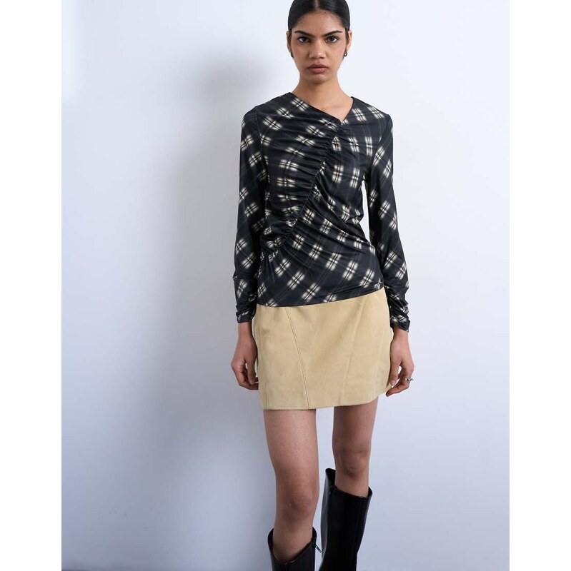Topshop check print ruched asymmetric long sleeve top in black