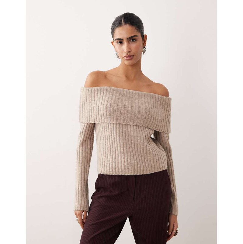 Abercrombie & Fitch off shoulder foldover jumper in oatmeal-Neutral 110556473