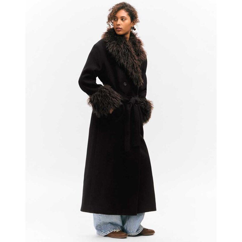 Monki wool blend belted maxi coat with fur collar and cuffs detail in 110556519