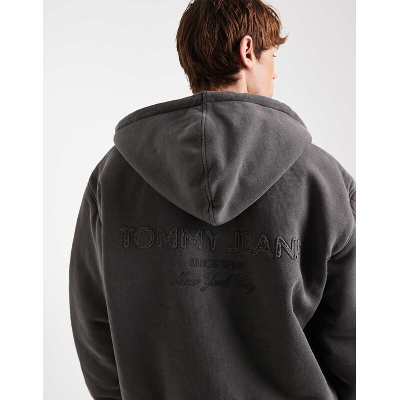 Tommy Jeans flag logo zip up hoodie in washed black
