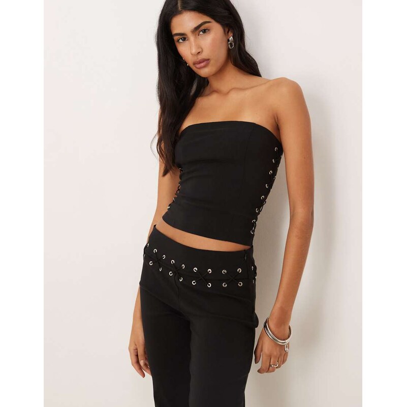Motel Avira lace up tailored bandeau top co-ord in black 110556603