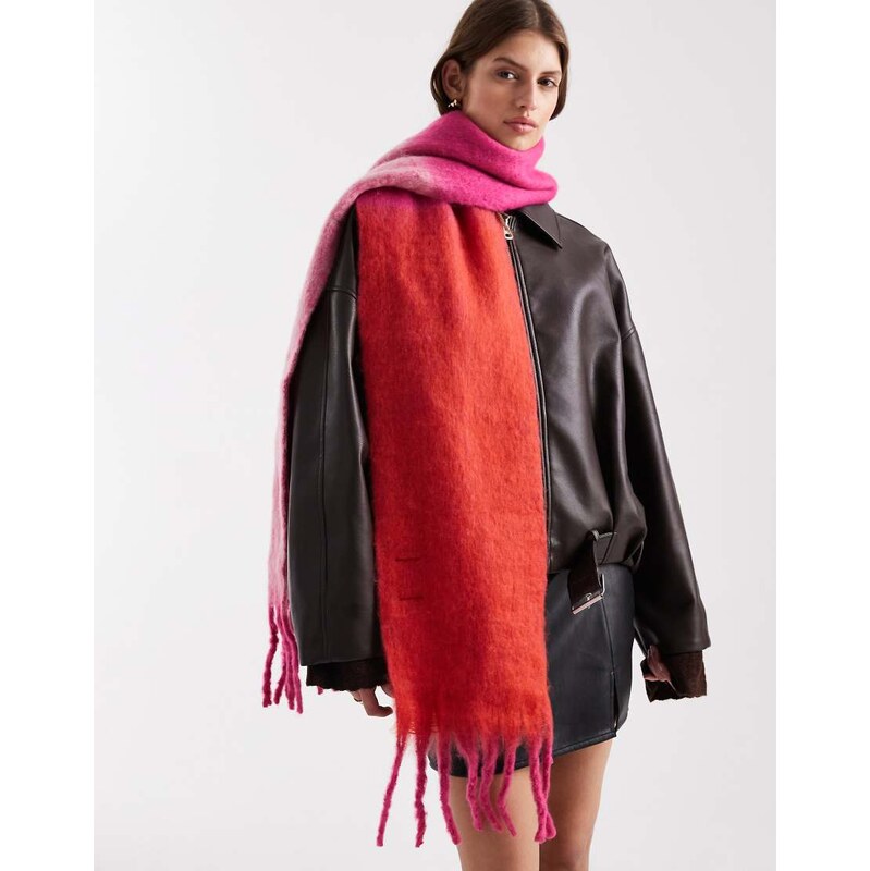 Pieces medium super soft tassle scarf in pink and red colour block 115519865