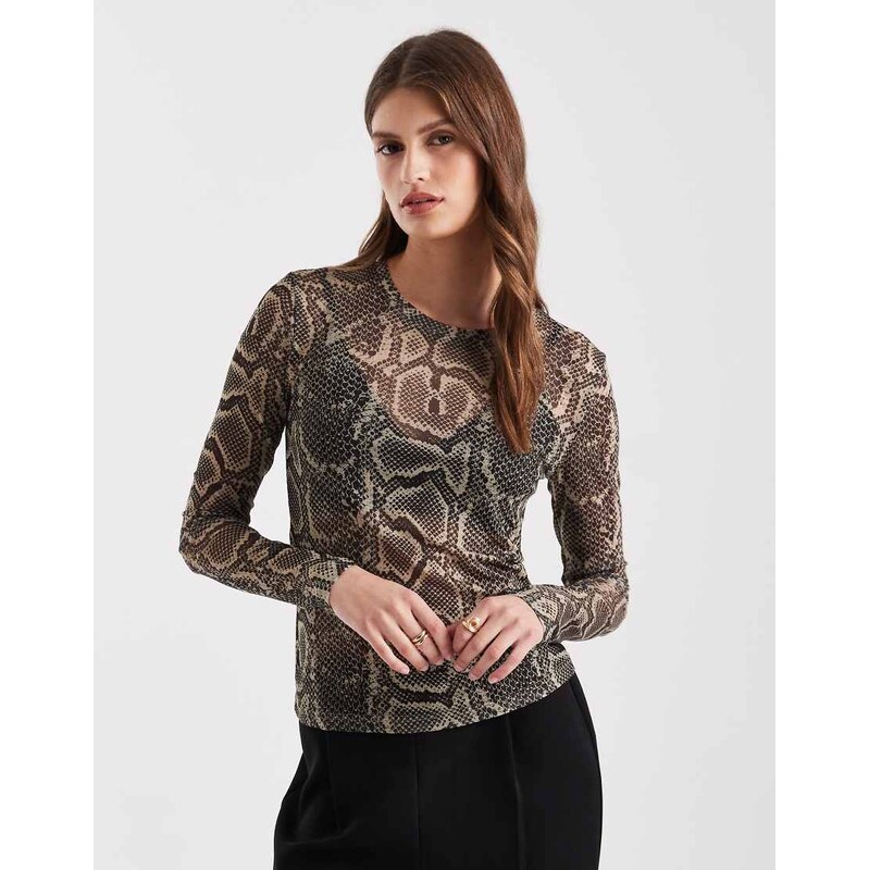 Vero Moda sheer long sleeve mesh top in snake print-Neutral