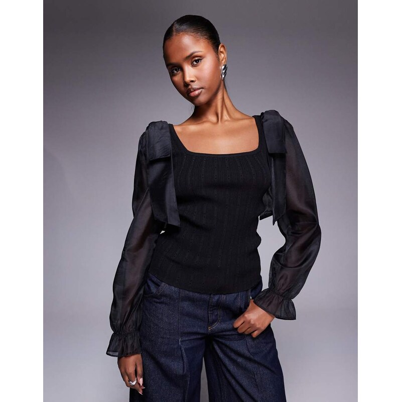 River Island mesh sleeve knitted top in black
