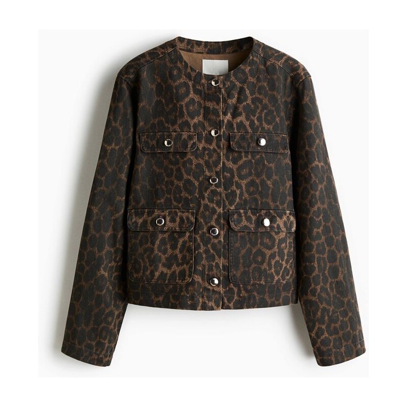 H&M - Džínová bunda bez límce - Tmavě Hnědá/Leopardí Potisk