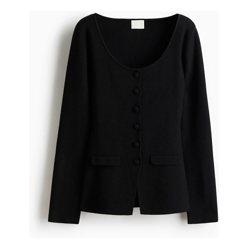 H&M - Propínací svetr z žebrovaného úpletus výstřihem - černá 109607847