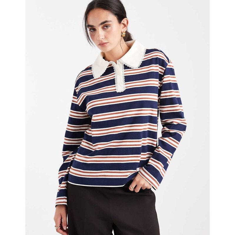 Miss Selfridge stripe rugby shirt with lace trim collar-Multi