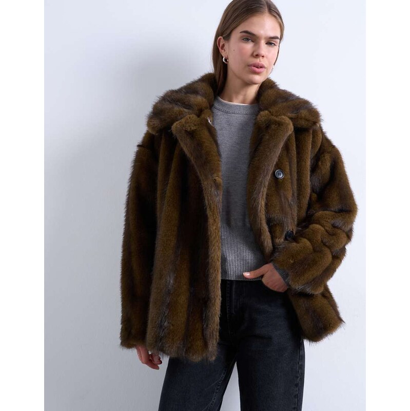 Topshop faux fur short car coat in natural stripe-Multi 115513614