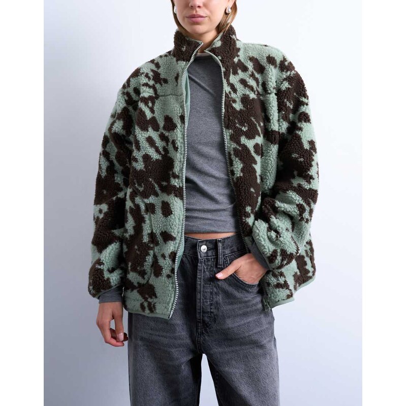 Topshop brown and teal cow print borg fleece jacket with contrast teal 110558166