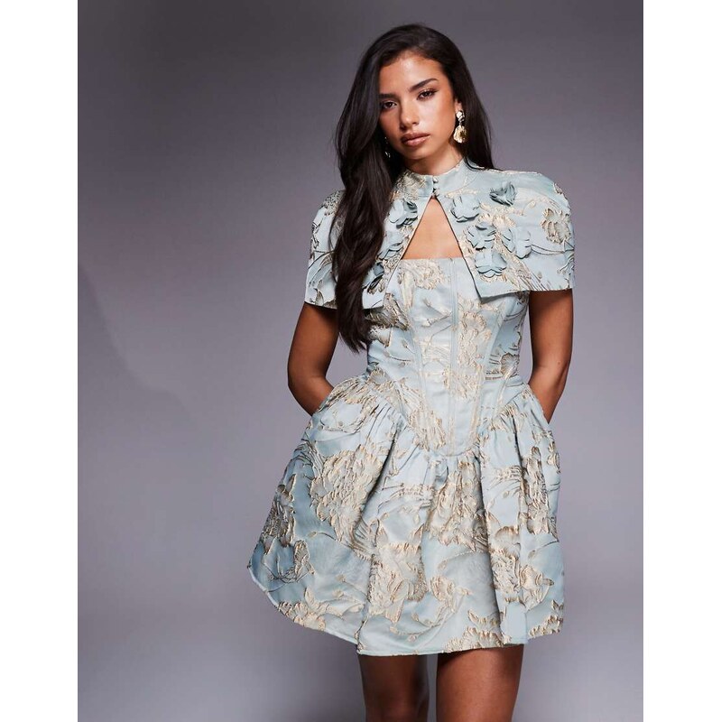 ASOS LUXE jacquard corset skater dress with cape detail and 3D flowers 110558185